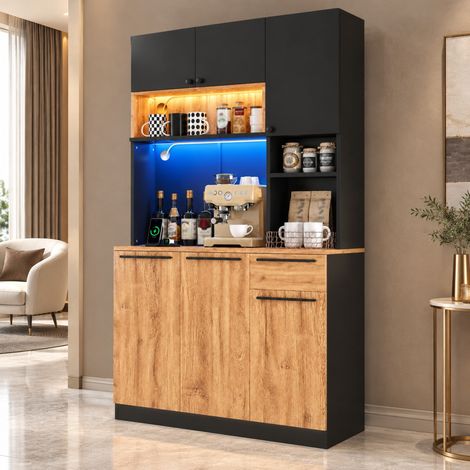 Armario alto de cocina LED RGB con puertos USB, 100 x 40 x 180 cm, MDF negro y madera natural (1/5)