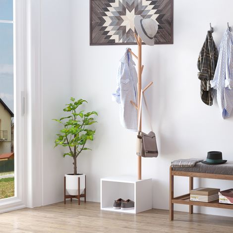 Banc avec porte-manteau pour couloir - 40x30x180cm - banc d’entrée blanc - - également pour chambre - porte-manteau en bambou - bois blanc