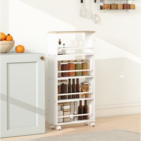 Mobiletto portaoggetti stretto con ruote 45 x 15 x 91 cm, 4 ripiani, naturale DESVIAE (1/5)