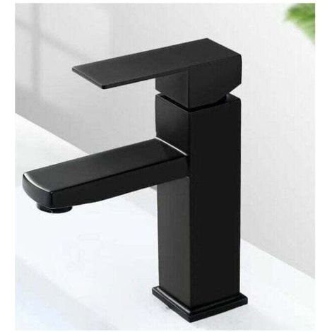 Rubinetto monocomando a foro singolo per lavabo in acciaio inox, acqua calda e fredda, per lavabo da bagno, nero opaco. (1/4)