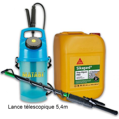 Matabi – Pack pulvérisateur Evolution 7 5L – Lance télescopique 5,4m – Stop algues PRO 20L – Cuve translucide, pression 3 bar, débit 0,60 l/m (1/5)