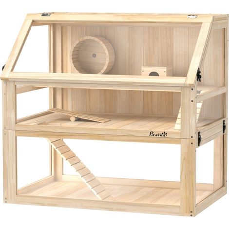 Gabbia per criceti in legno a 3 livelli con ruota e coperchio apribile 80x50x76 cm (1/4)