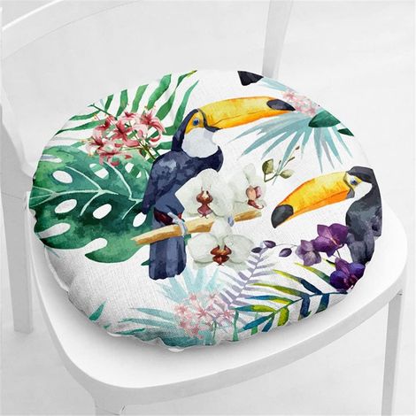 Cojín para silla, cojín de asiento redondo transpirable con estampado de flores y pájaros para comedor/oficina, 40x40cm (1/4)