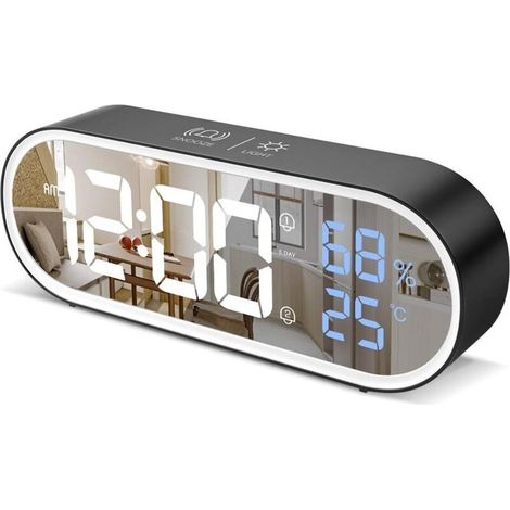 Réveil Numérique Miroir - Horloge Digitale LED - Grand Affichage Heure/Température/Humidité - 40 Musiques de Sonnerie - Snooze, Portable, Charge USB - Noir (1/5)