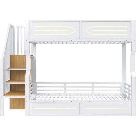 Lit en fer 90 × 200 cm, avec espace de rangement et petit escalier style armoire, éclairage LED, garde-corps haut, lit superposé, lit pour adolescent, lit mezzanine, blanc (1/5)