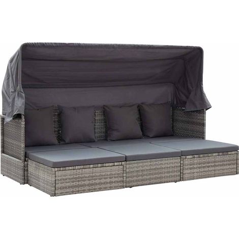 vidaXL Tumbona cama jardín con techo ratán sintético gris (1/5)
