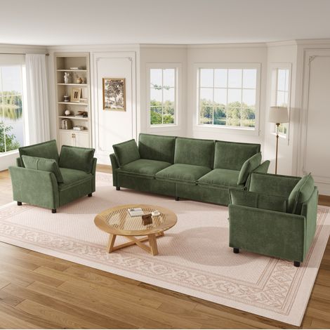 Divano modulare 3+1+1 in ciniglia verde, 3 posti e 2 poltrone, stile moderno (1/5)