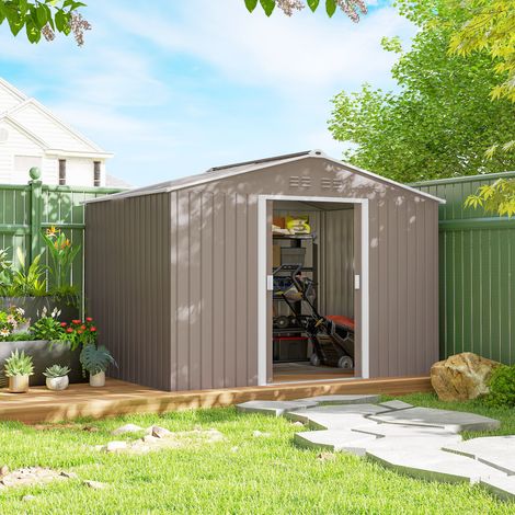 Abri de jardin 4,9 m² (277 x 195 x 192 cm) avec 2 portes coulissantes, toit en fibre de verre et 4 fenêtres, gris clair (1/5)