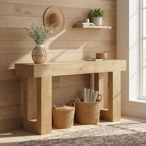 Konsolentisch aus Holz – 160 x 35 x 85 cm – Eingangstisch für Flur, Wohnzimmer, hellbraune Holzmaserung