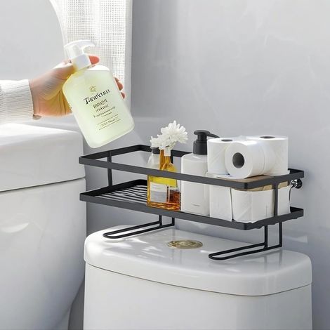 Étagère de rangement au-dessus des toilettes, organisateur grande capacité, installation sans perçage, acier épais anti-rouille. (1/5)