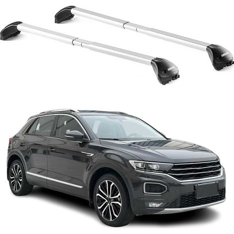 OMAC Barres de toit transversales certifiées TÜV pour VW T-Roc 2017-2025 – Verrouillables (4 antivols) – Charge max 100 kg – Sangle inox + protection caoutchouc Argent (1/4)