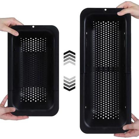 Lot de 1 (34.5x20x6.5cm ) Noir Panier passoire sur évier Laver les légumes et les fruits, égoutter les pâtes cuites Extensible Essentiels de cuisine