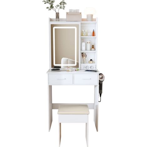 Coiffeuse blanche avec miroir et éclairage LED réglable, prises USB, tiroirs et tabouret rembourré, meuble gain de place pour petite chambre  CHICFURN (1/5)