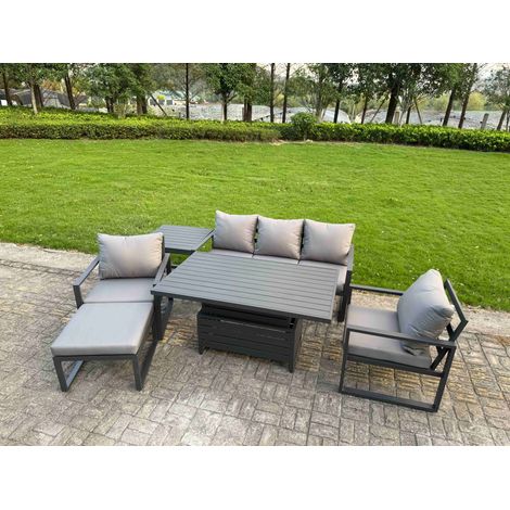 Fimous 6-Piece Aluminium Garden Furniture Sets 6 Seater Outdoor Sofa Set with Adjustable Rising Lifting Dining Table 2 Chairs Big Footstool Side Table (1/5)
