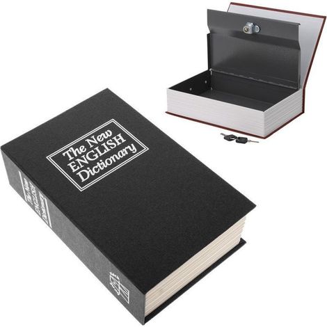 Coffre-fort discret, noir, dissimulé sous forme de livre, pour ranger argent et bijoux. (1/4)
