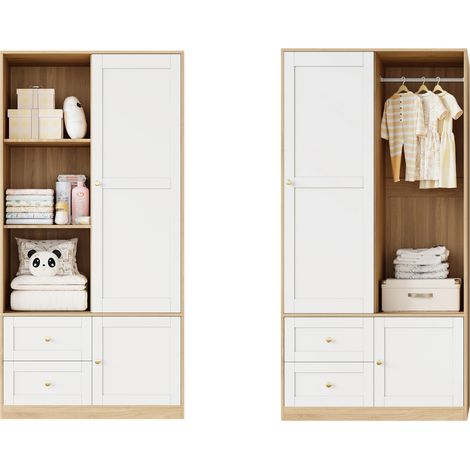 Kleiderschrank mit Schiebetuer, Kleiderstange, Schubladen und Faechern, fuer Schlafzimmer, aus MDF, Natur und Weiss, 90 x 50 x 180 cm (1/5)