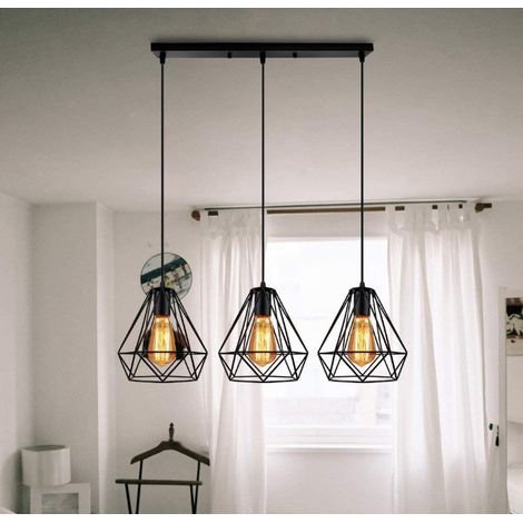 Hofuton Suspension Luminaire Industrielle 3 Tête Rétro Lustre Abat-jour Métal Noir Style 1 (1/5)