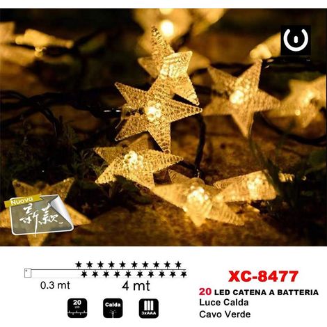 TRADE SHOP - Catena Luminosa Stelle 20led A Batteria Luce Calda Cavo Verde Decorazioni Xc-8477 -