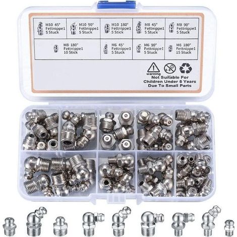 60 Pices graisseur a Visser, Assortiment Graisseur M6 M8 M10, Droit Graisse Raccord 45 90 180, avec Bote en Plastique, pour quipement Mcanique, Embout de Graissage Fixations (1/4)