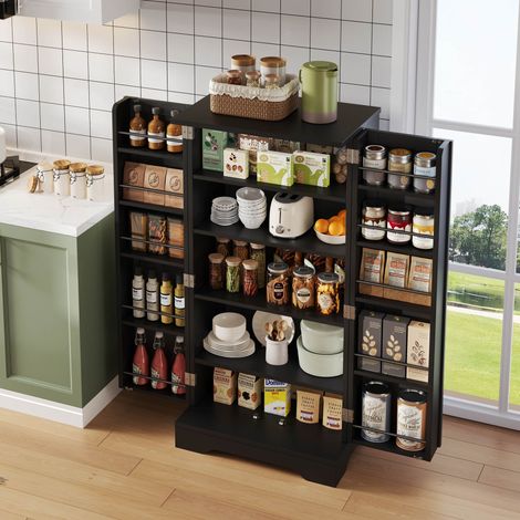Armario Alto de Cocina con 2 Puertas, Estante Ajustable y Luz LED, en MDF, para Cocina y Comedor, Negro, 60×40×120 cm (1/5)