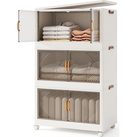 3 contenitori pieghevoli da 213 litri con coperchio, contenitori impilabili, contenitore a 3 ripiani con ruote e ante, 65 x 39 x 109 cm (1/5)