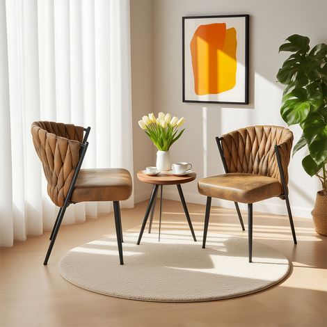 Lot de 2 chaises dossier tressé en suédine marron et métal noir (1/5)