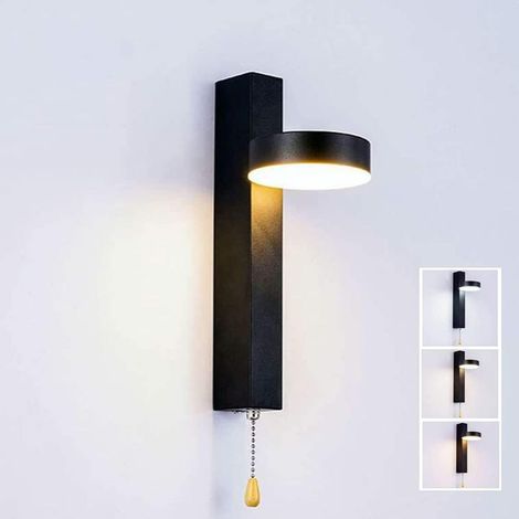 Applique Murale Led 9W Tricolore Sélectionnable avec Interrupteur à Tirette Rotatif à 360° Luminaire Mural Led Intérieur pour Salon Chambre Cuisine (1/4)