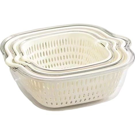 Cesta para verduras y escurridor, de plástico, fácil de limpiar, color blanco, juego de tres piezas (tamaños grande, mediano y pequeño). (1/5)