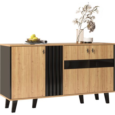 Buffet 140 x 78,5 x 41 cm bois et noir avec rangement, 3 portes, inserts en verre et éclairage LED, meuble de salon design et pratique pour organiser vos espaces CHICFURN (1/5)