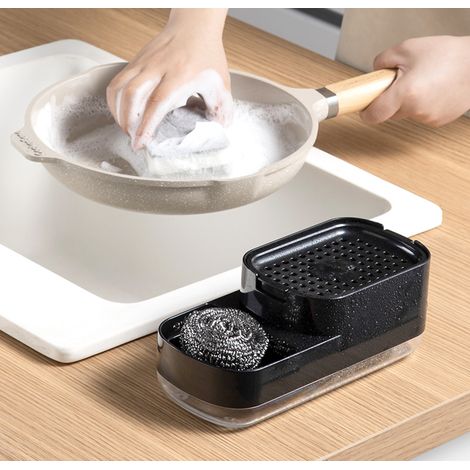 Distributeur de liquide vaisselle à pompe intégré - Une solution de cuisine 2 en 1 pratique - Distributeur de savon avec porte-éponge pour un dosage (1/3)