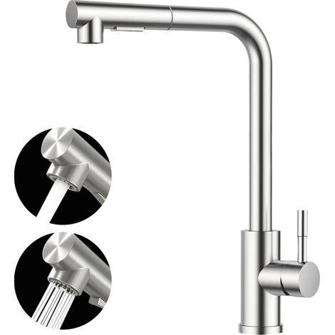 Grifo de cocina giratorio de 360° con cabezal rociador extraíble, 2 tipos de chorro, válvula cerámica, mangueras de agua fría/caliente incluidas para el lavabo.