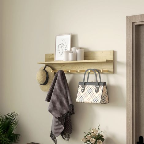 Estantería de pared de madera de abeto, estante de almacenamiento con 7 ganchos para recibidor y sala de estar, 80x12x20 cm, color madera.