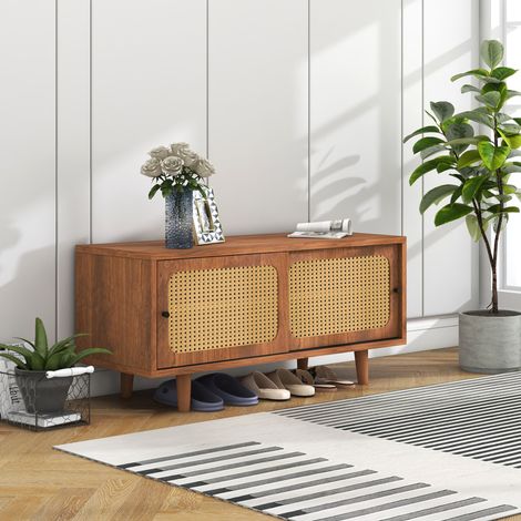 Scarpiera in rattan con 2 ante e ripiano regolabile. per corridoio. soggiorno e camera da letto, noce (1/5)