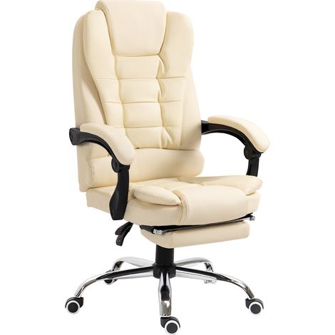 Silla de Oficina, Altura Ajustable y Respaldo Reclinable 145° con Reposapiés, Piel Sintética, Blanco Crema (1/5)