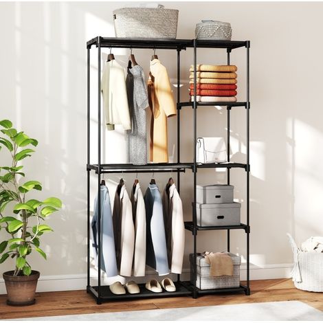 Kleiderschrank 111 x 43 x 185 cm mit Kleiderstangen und Regalen, schwarz HAVRYA (1/5)