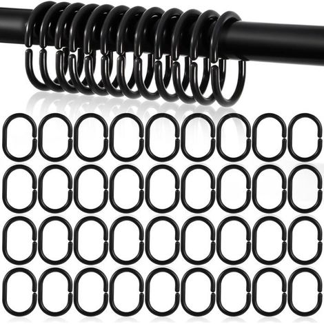 Crochets rideau douche - 36 pièces, Noir - Anneaux plastique anti-chute forme C salle bain - Accessoire Aucunely (1/5)