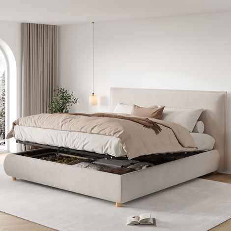 Lit Coffre 180 x 200 cm Lit double rembourré avec tête de lit et grand espace de rangement pieds en bois massif Crème Velours (1/5)