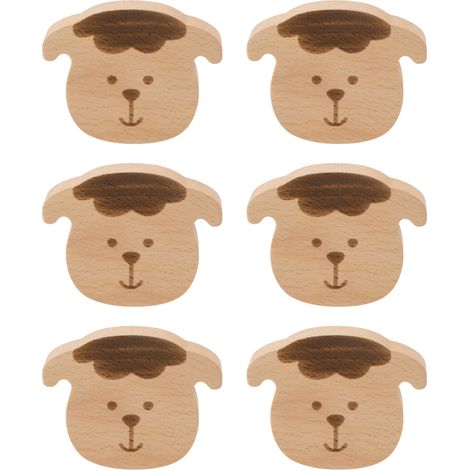 Lot de 6 boutons de placard en bois de hêtre en forme de mouton, poignées d'armoire, de placard pour chambre d'enfant, tiroir, armoire, quincaillerie de meubles avec vis et tube d'extension (1/5)
