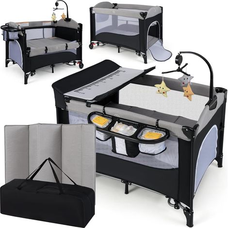 COSTWAY 5 in 1 Lettino Neonato con Materasso, Lettino Campeggio Bambini con Fasciatoio, Portatile e Pieghevole, Altezza Regolabile in 4 Livelli, per Bambini 0-36 Mesi (Grigio+Nero) (1/5)