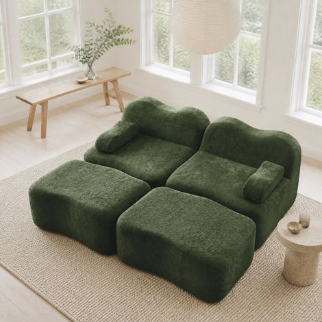 Canapé modulaire en velours vert avec 2 ottomanes, design sans structure, assise profonde (1/5)
