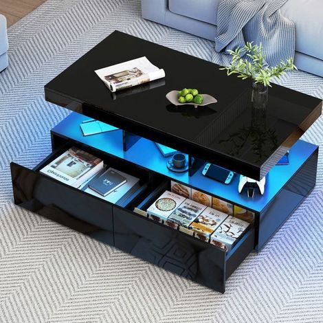 Couchtisch - Zeitgenössisch - Integriertes RGB-LED - 2 Schubladen - Hochglanz schwarz