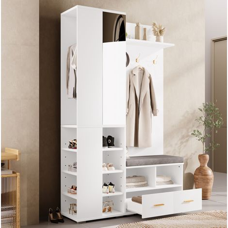 Mueble recibidor de aglomerado blanco con espejo, banco, 2 cajones, 3 ganchos y barra para colgar 120x35x190 cm (1/5)