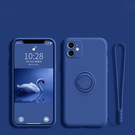 (iPhone 12 mini bleu) Coque souple en silicone liquide avec support, anneau et dragonne (1/5)