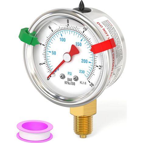 0-16 bars/0-230 psi Liquid Pressure Gauge, 1/8" BSP 1.5" STAINLESS STEEL DIAL Glycerin filled, bottom mount with 2 WOG snaps Water Oil Air (1/5)