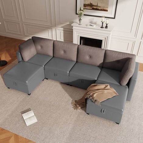 Canapé modulable, canapé d'angle en U, 6 places, convertible en canapé d'angle, fauteuil, velours et velours côtelé, mousse haute densité,gris antique