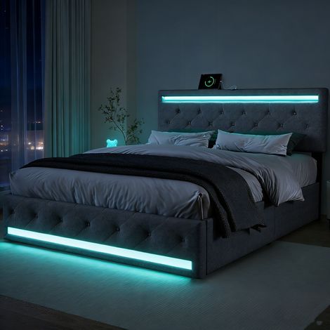 Lit double adulte 180x200 cm en lin avec LED à la tête et au pied, ports USB, hauteur réglable, 4 tiroirs en métal, gris foncé