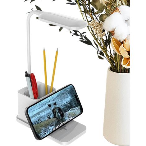 Blanc Lampe De Bureau Pour Étude Luminaire Avec Support De Charge Sans Fil Et PorteStylo Lampe LED Avec Luminosité Réglable, Chargeur Portable Et Éclairage Accessoire Avec PorteStylos Pour Bureau Et C