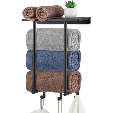 Porte-serviettes mural avec étagère métallique et 3 crochets, noir, 40 x 30 cm, peut contenir jusqu'à 3 grandes serviettes roulées, rangement pour serviettes de salle de bain (1/5)