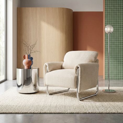Fauteuil vintage velours côtelé armature chromée blanc cassé - Vintage