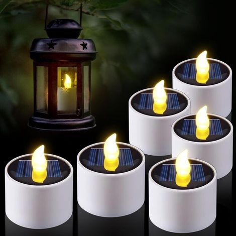 Lot de 6 bougies chauffe-plat solaires sans flamme, rechargeables, étanches, LED scintillantes, décoratives d'extérieur, lumière blanche chaude